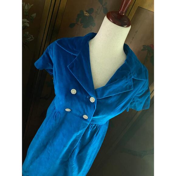 Blue velvet dress with jewel buttons and shirt sleeves, size S - Picture 5 of 5